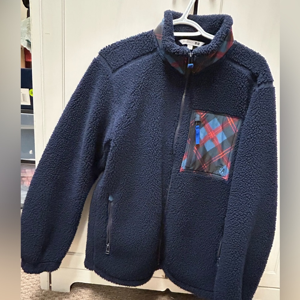 Men's Navy Sherpa Fleece Jacket with Plaid Chest Pocket